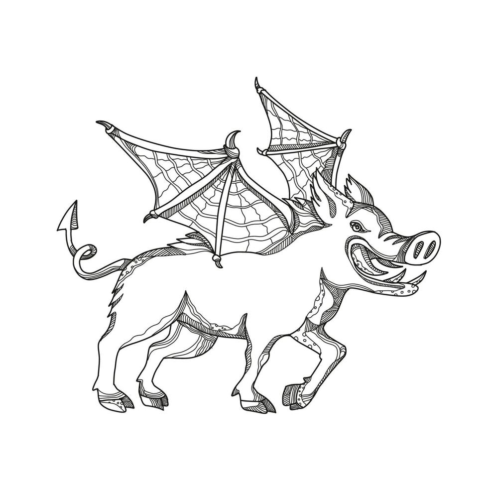 Winged Wild Boar Doodle Art vector