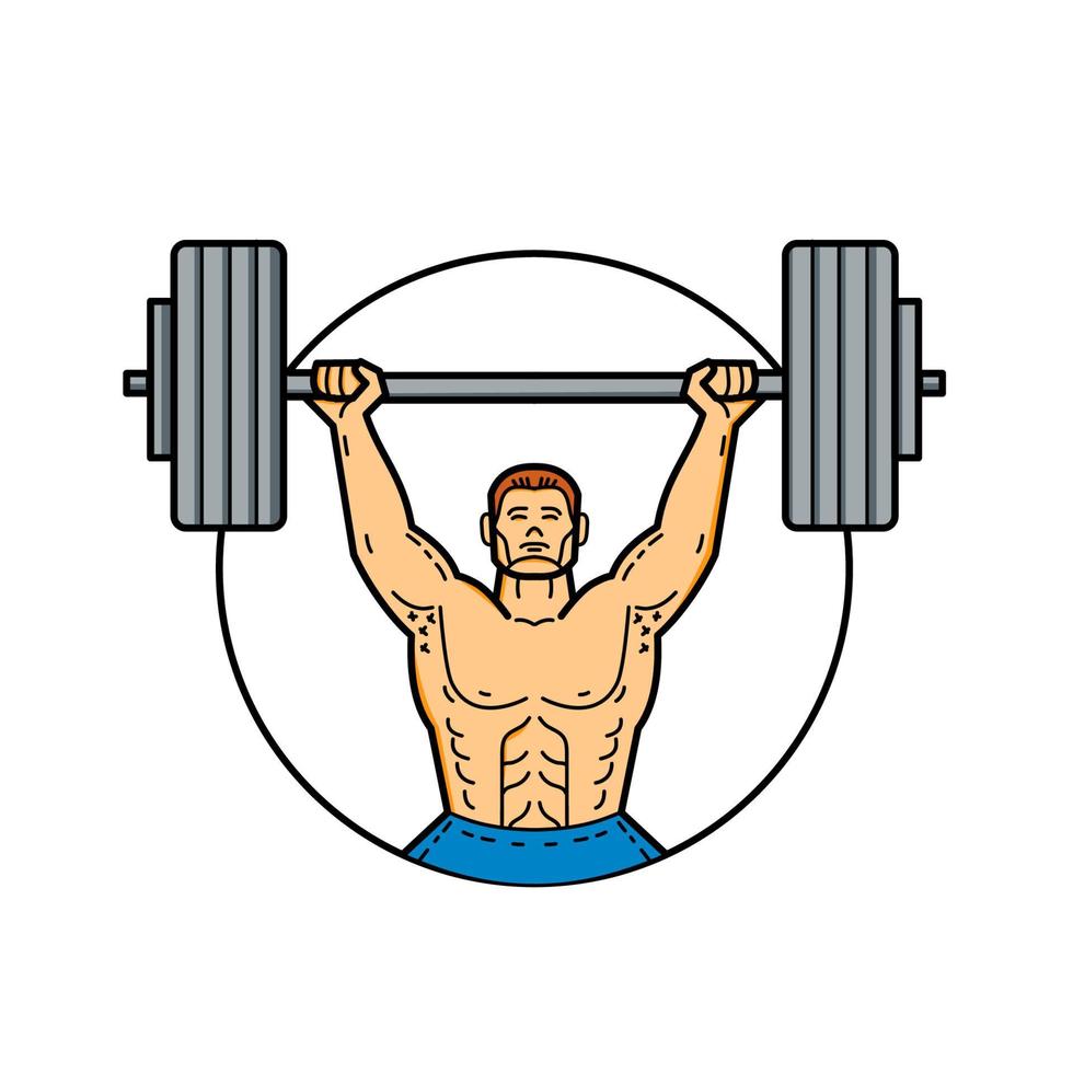 Weightlfiter lifting barbell mono line art vector