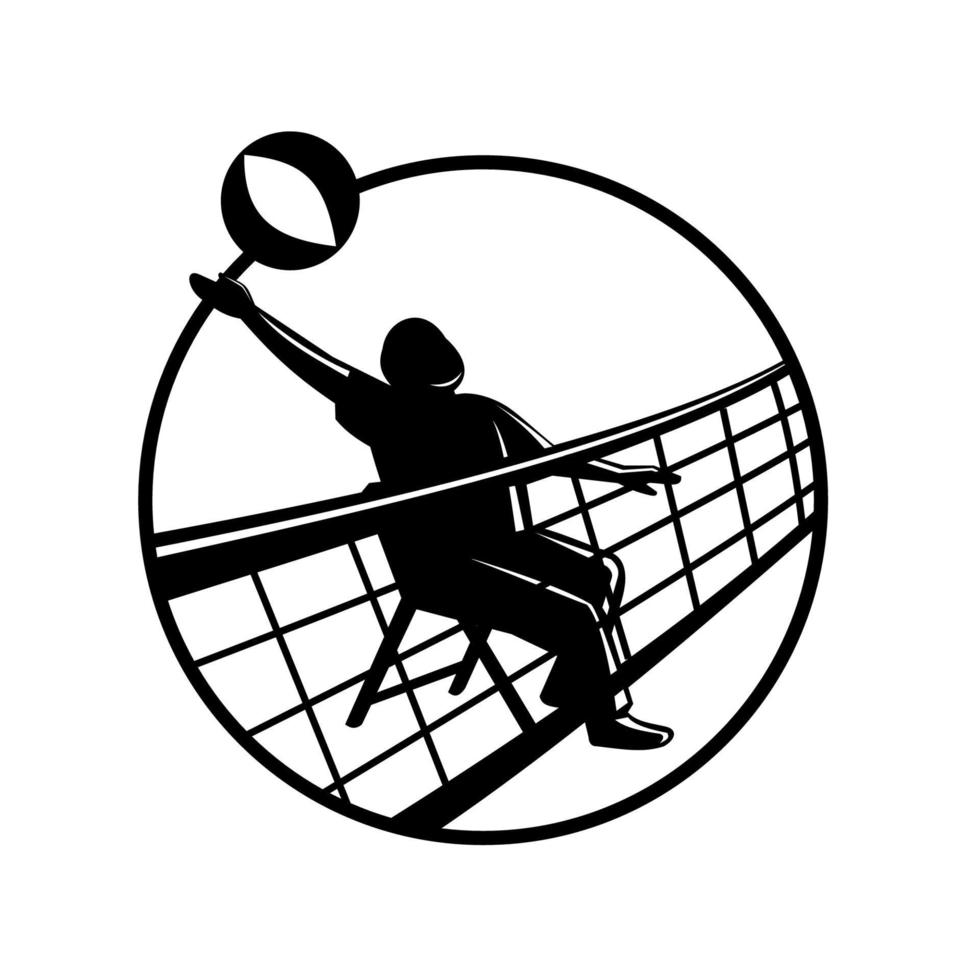 Senior Chair Volleyball Player Spiking the Ball Over Net Circle Mascot vector