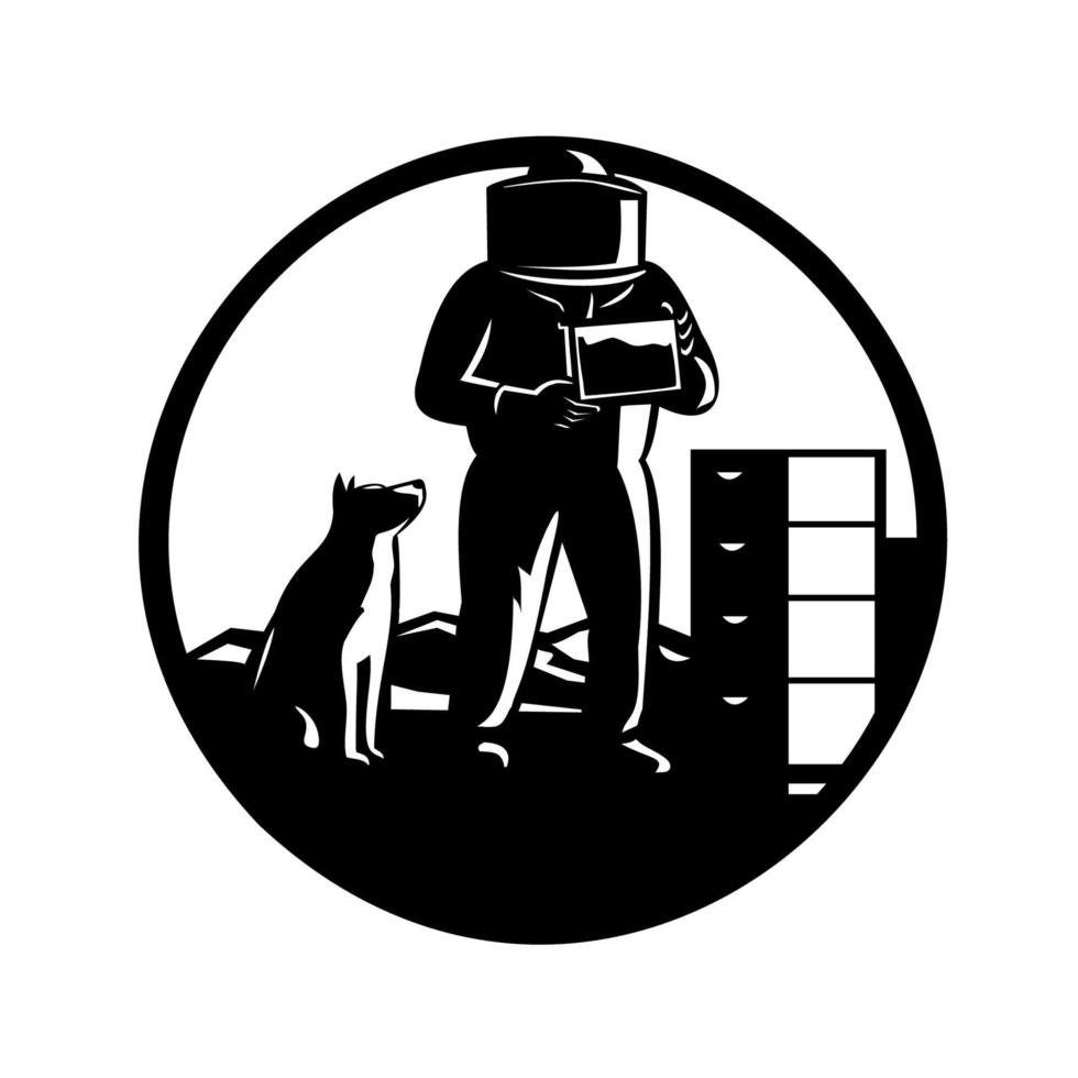 Beekeeper Wearing Bee Suit with Border Collie Dog and Beehive with Mountains Circle Mascot vector