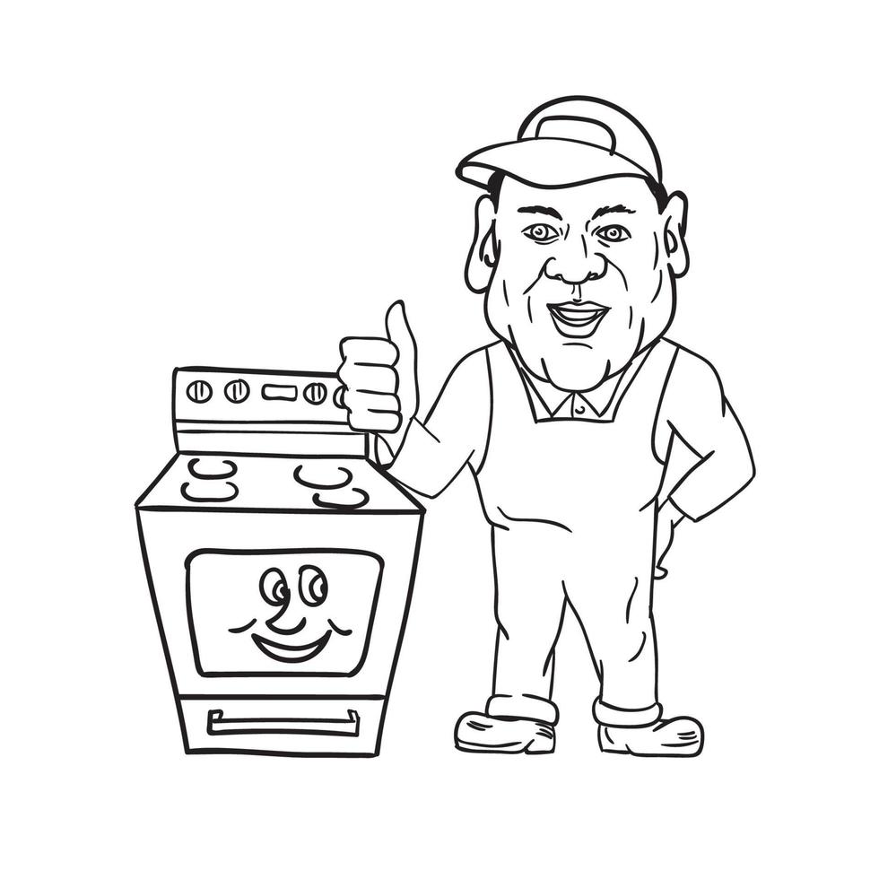 Oven Cleaner With Oven Thumbs Up Cartoon Black and White Mascot vector