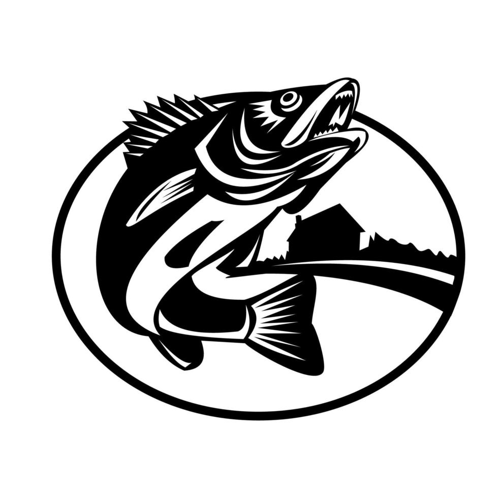 Walleye Fish Jumping Up With Lake Cabin Oval Retro Black and White vector