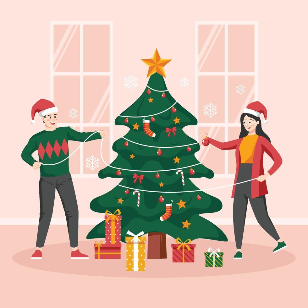 decorar el árbol de navidad con amigos vector