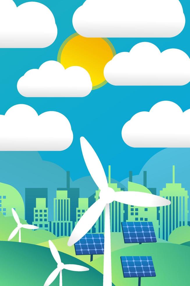 vertical flat design green energy environmental concept with windmills, solar panels, and town vector