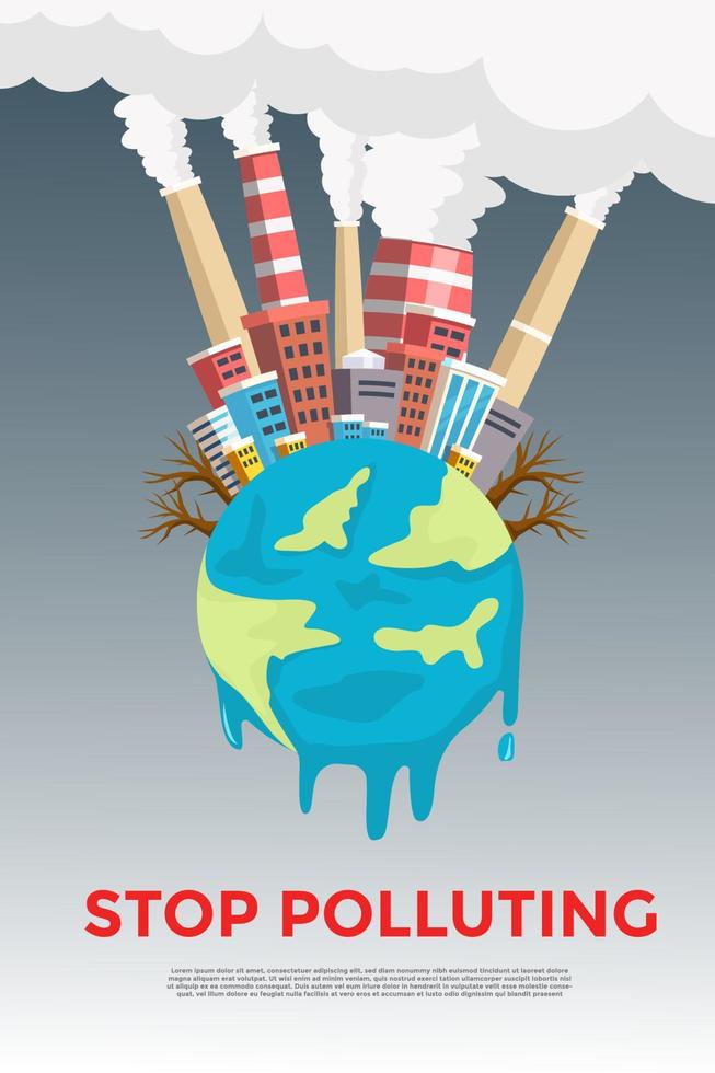 vector illustration banner poster environment city with highly air polluted from a factory chimney, and melted earth. global warming, climate change, stop polluting