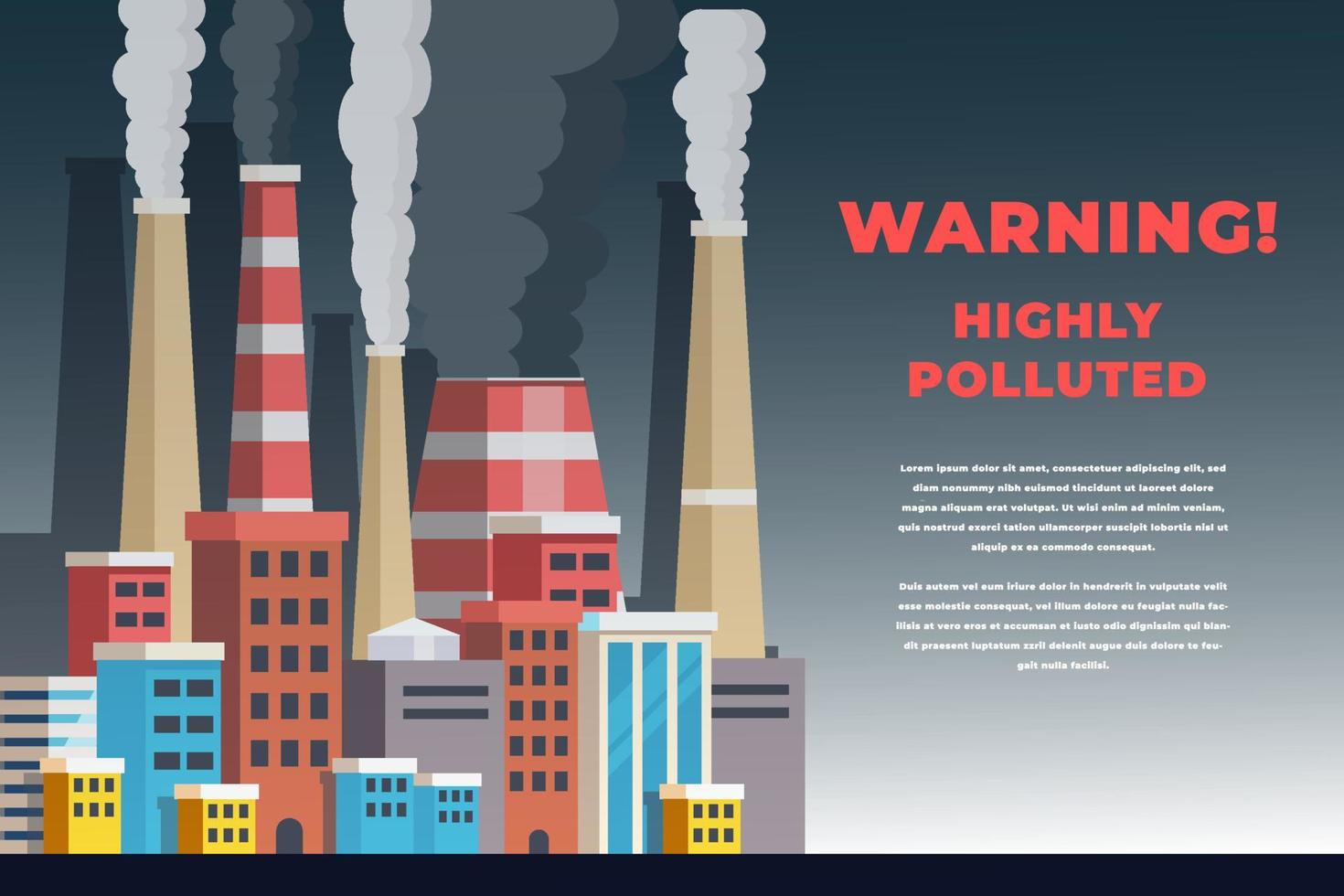 ilustración vectorial ciudad altamente contaminante con humo de la chimenea de las fábricas. el medio ambiente con alta contaminación del aire. calentamiento global. vector