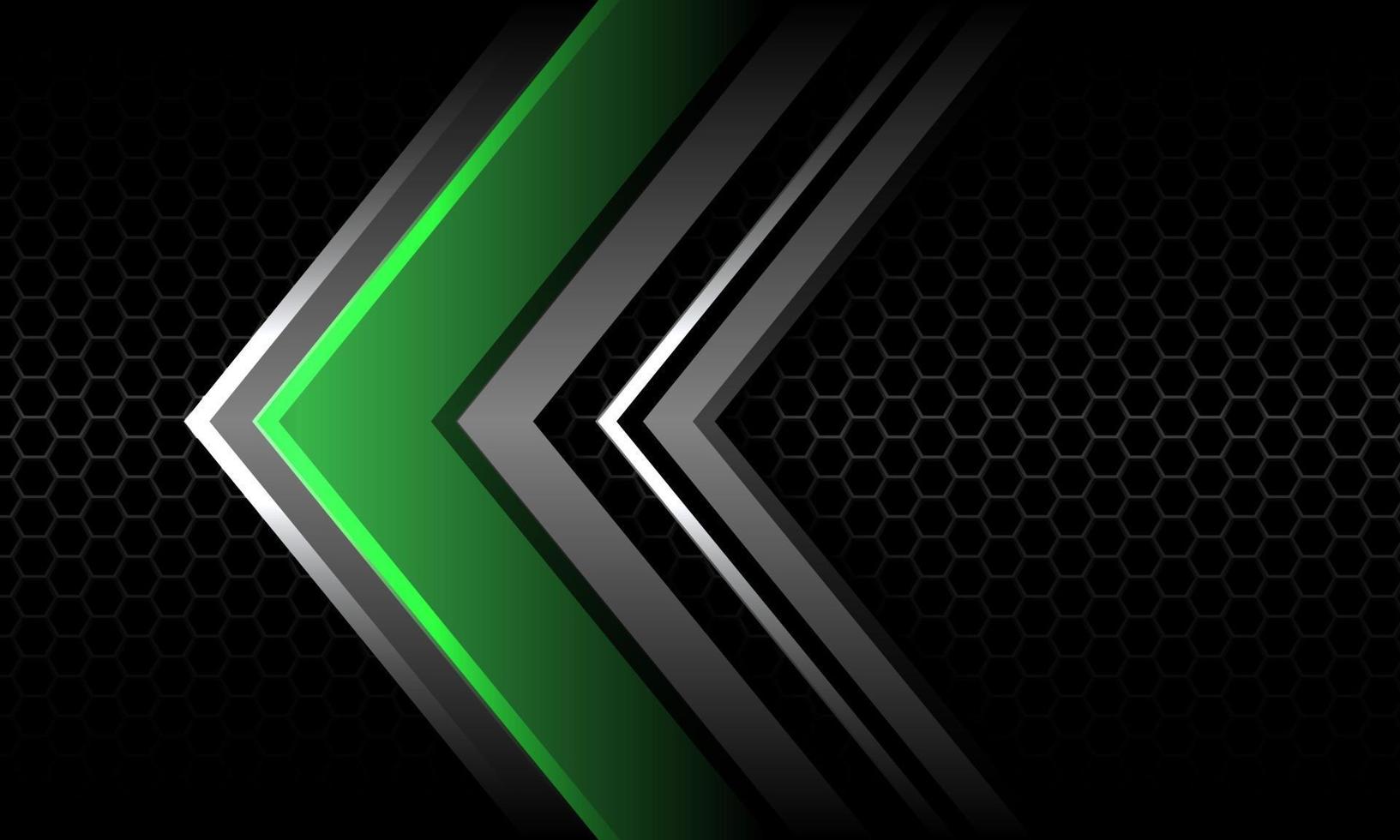 Abstract green silver arrow direction on grey hexagon mesh black design modern luxury futuristic technology vector background