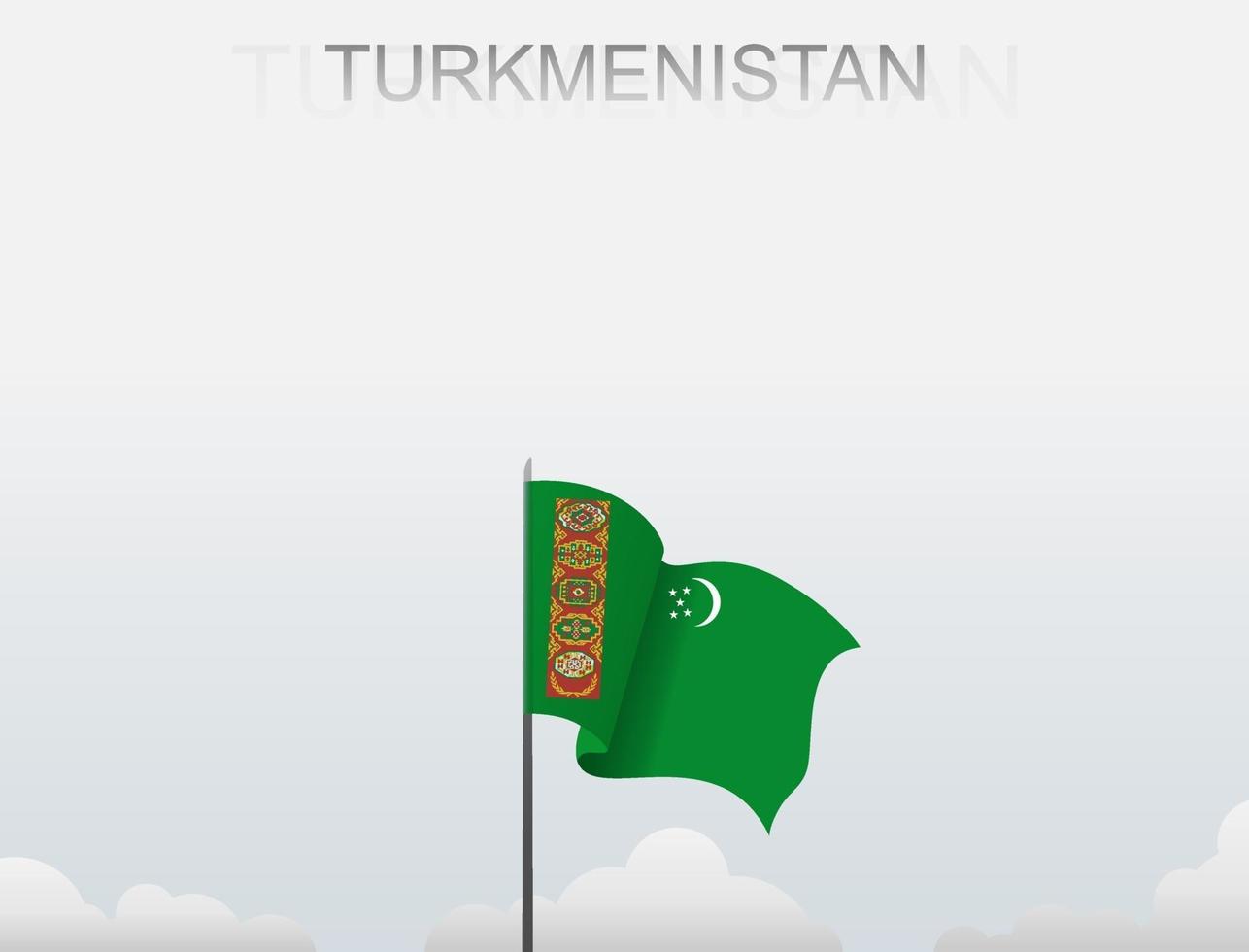 la bandera de turkmenistán ondea en un poste que se erige alto bajo el cielo blanco vector