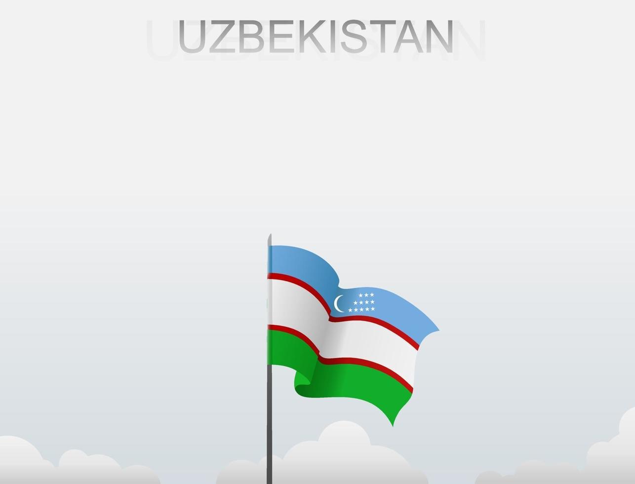 la bandera de uzbekistán ondea en un poste alto bajo el cielo blanco vector