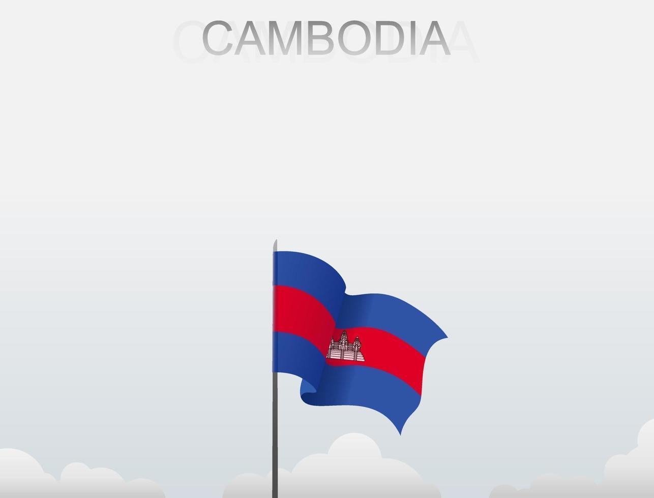 la bandera de camboya ondea en un poste alto bajo el cielo blanco vector