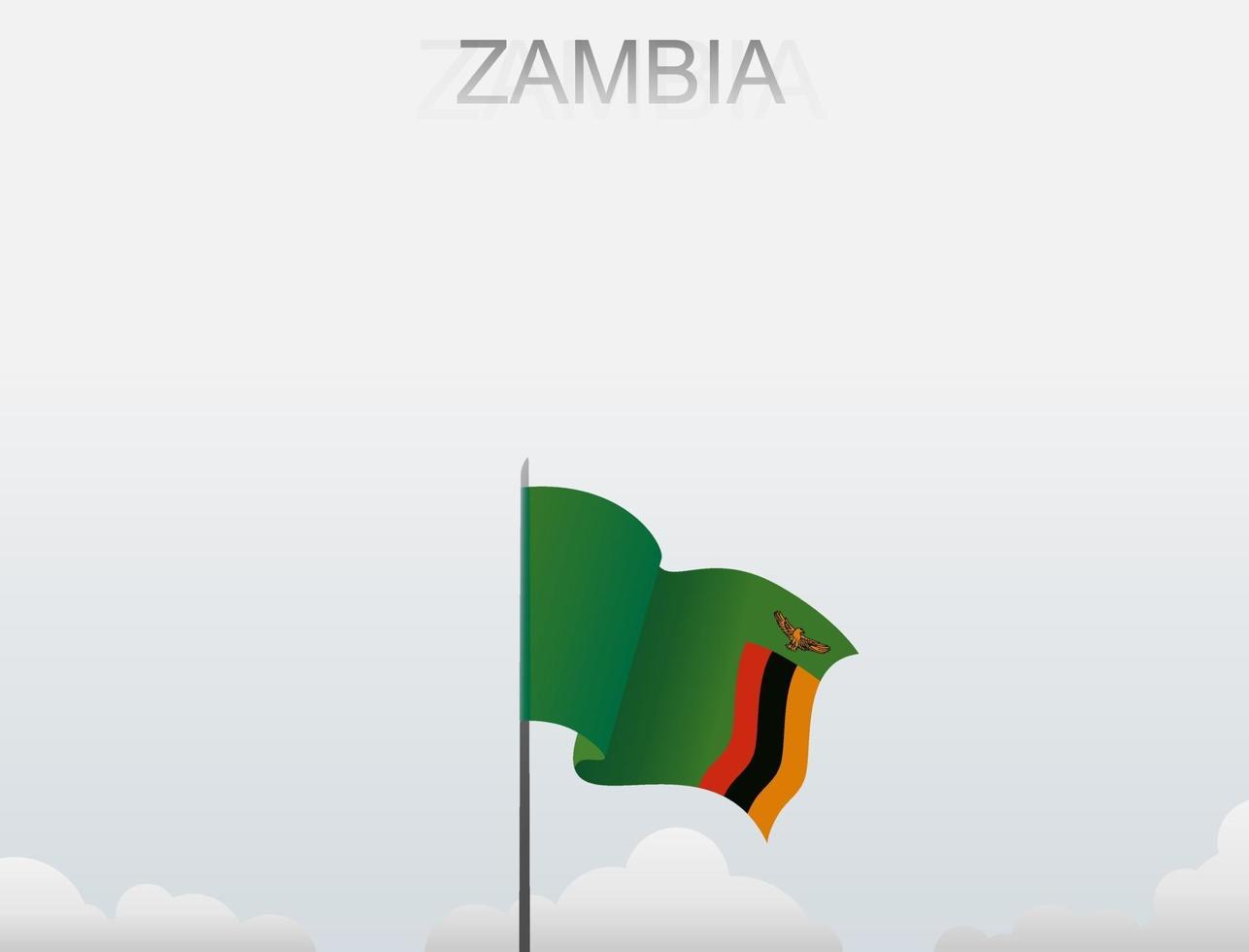 La bandera de Zambia ondea en un poste alto bajo el cielo blanco. vector