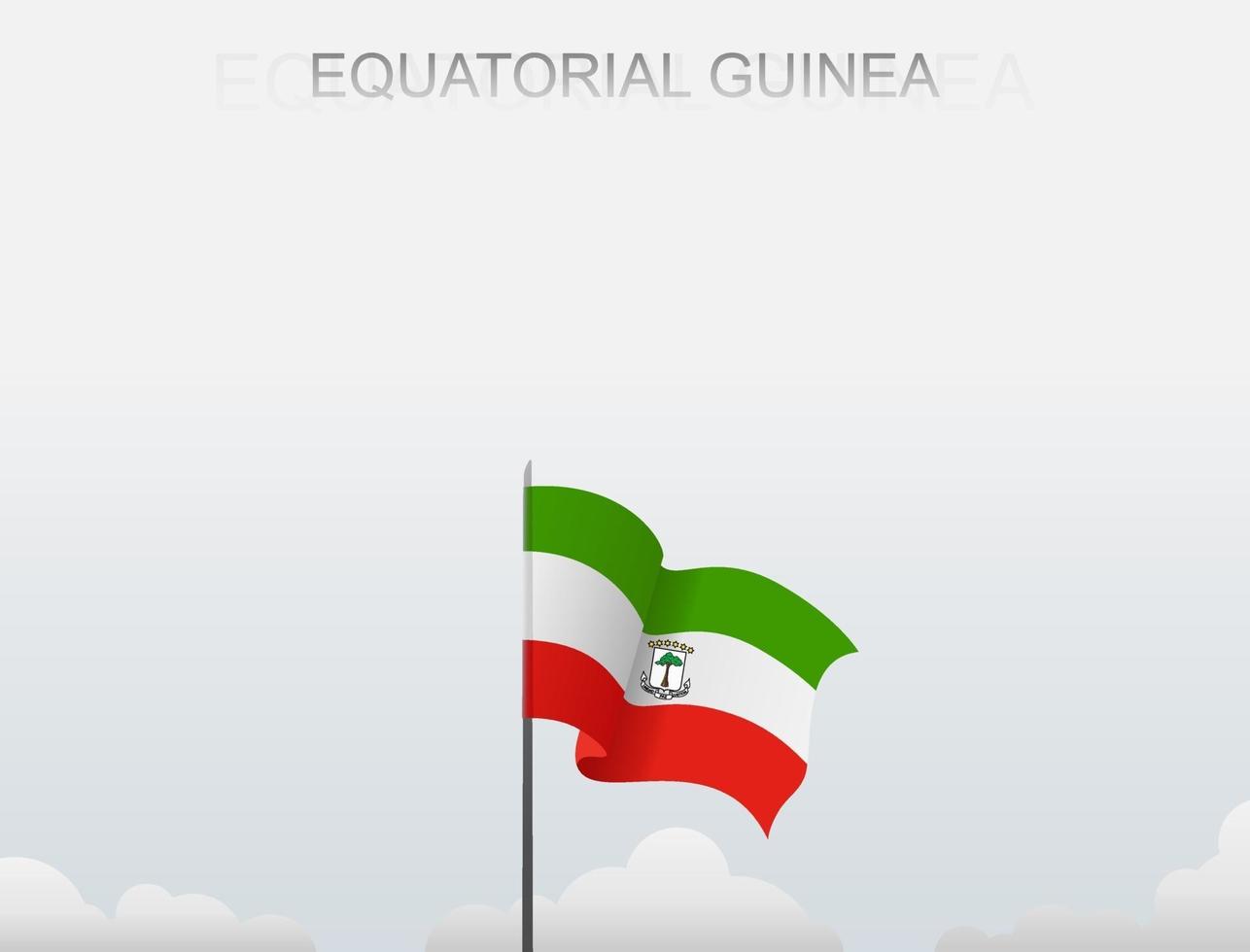 La bandera de Guinea Ecuatorial ondea en un poste alto bajo el cielo blanco. vector