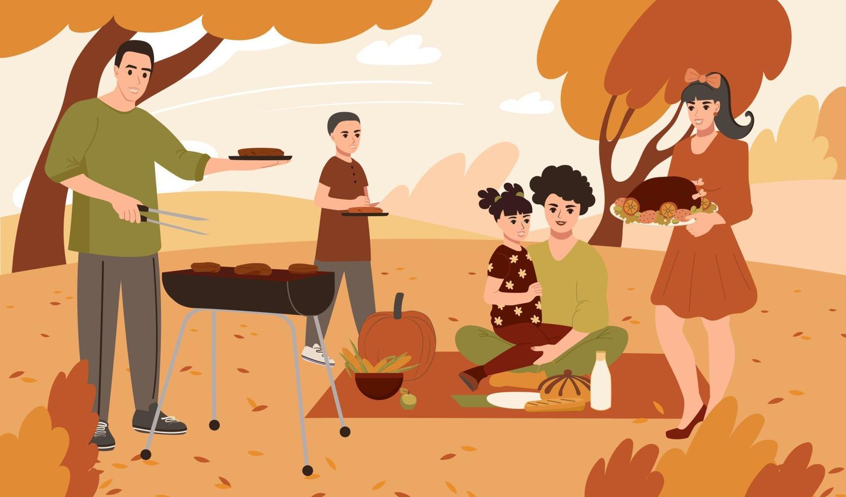 A large family celebrates Thanksgiving on a picnic in the park in autumn. Parents with children and teenager eat turkey and barbecue outdoors. Flat vector illustration