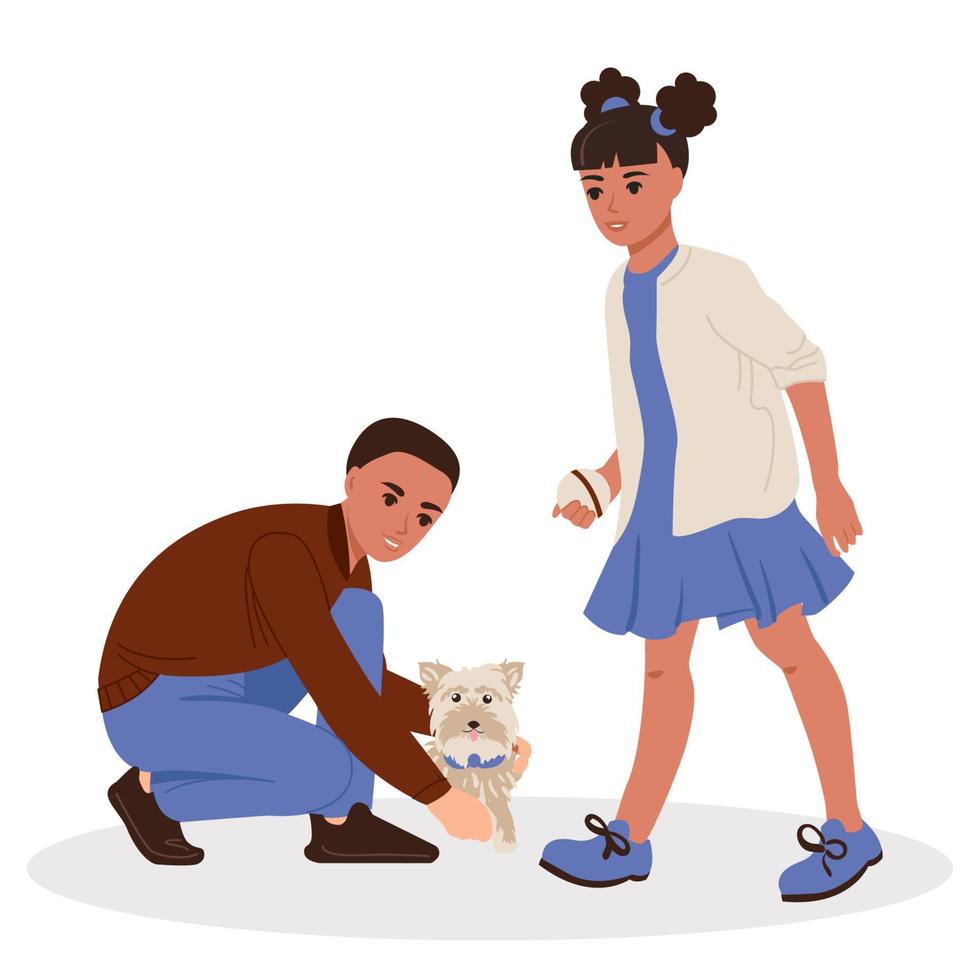 A boy and a girl are playing with a dog. Flat vector isolated illustration of kids with pet