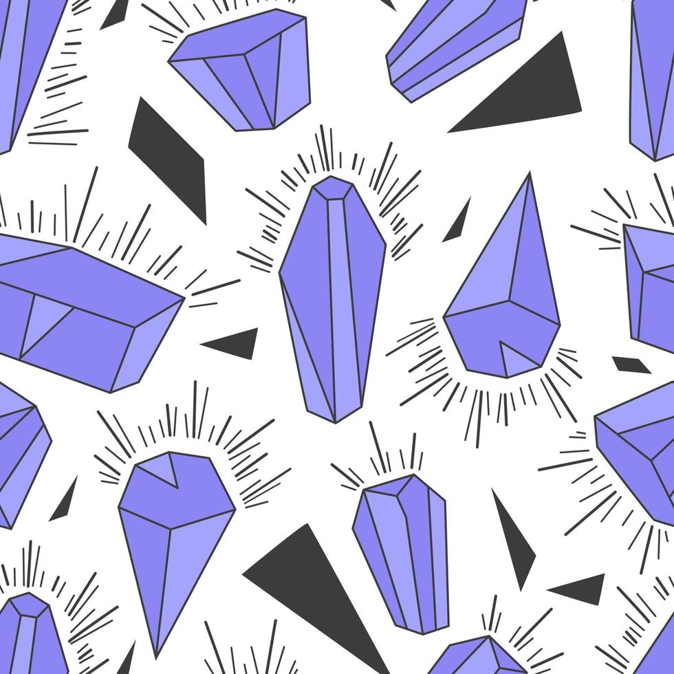 Magic crystals and shards seamless pattern. Flat vector mystical gemstones background