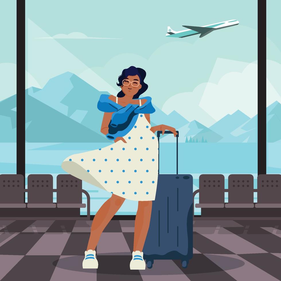 Girl Pose With Her Luggage And Dog Concept vector