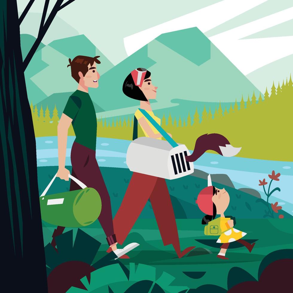 viaje familiar juntos en el concepto de paisaje natural vector