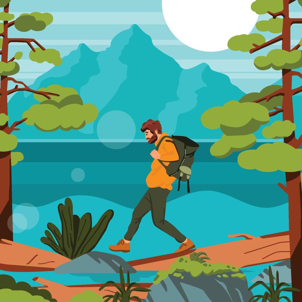 hombre viaja solo al bosque vector