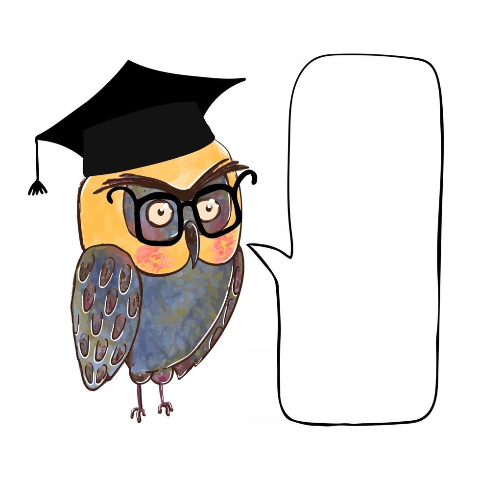 Vector colorful illustration of cute owl in graduate cap and speach buble