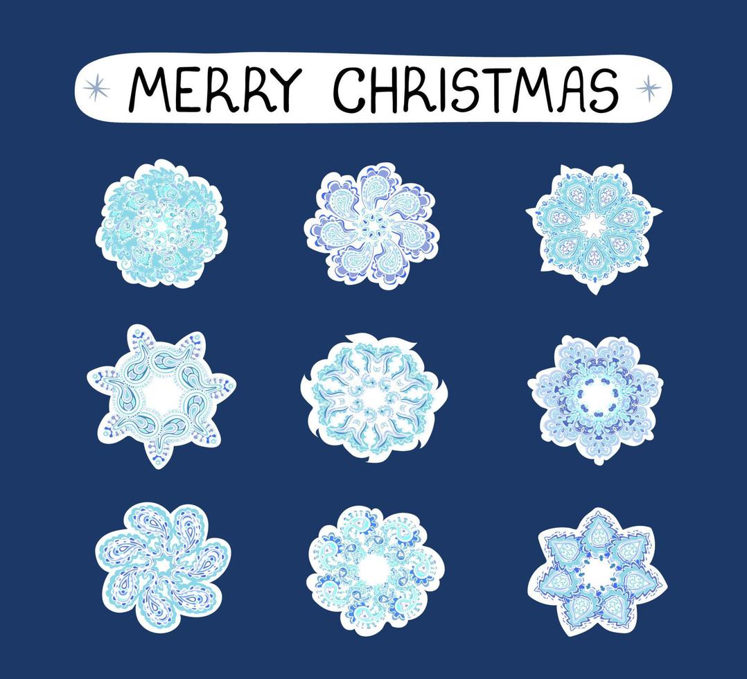 Vector conjunto de Navidad colorido moderno con ilustraciones de copos de nieve, paquete de pegatinas. Úselo como elementos para el diseño de tarjetas de felicitación, carteles, tarjetas, diseño de papel de embalaje