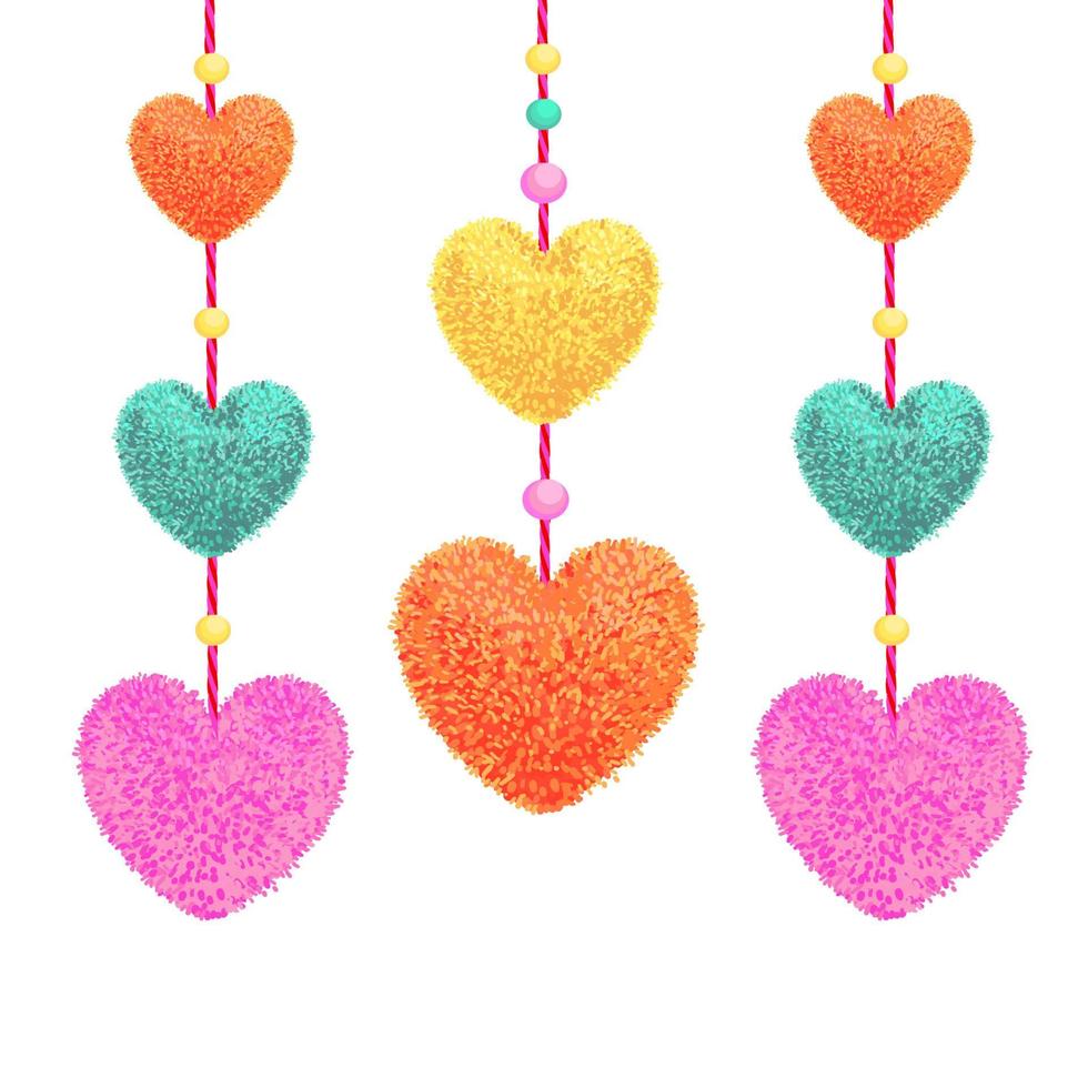 Vector colorful illustration of decortive elements with pom-poms in the shape of a heart hanging on the ropes as garland with beads isolated on white background. Decor for Valentines day design.