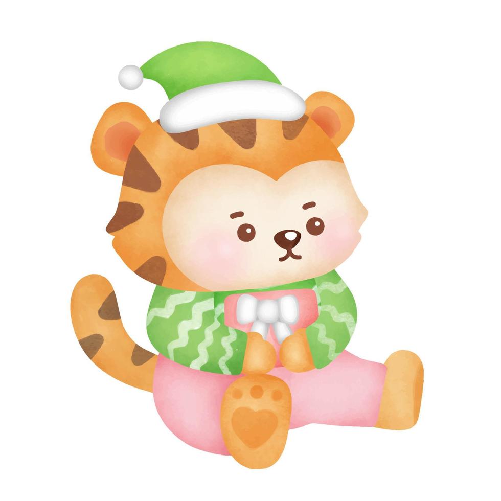 Christmas and New year greeting card with cute tiger in watercolor style . vector