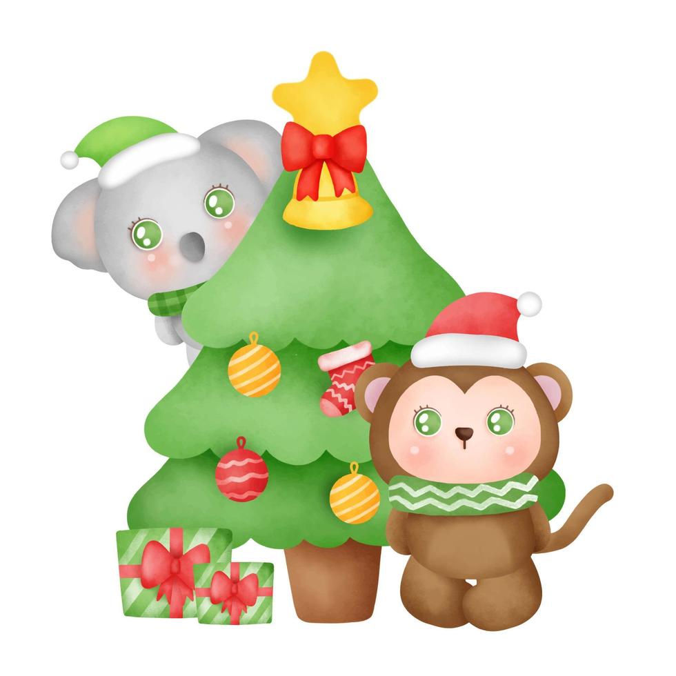 Christmas and New year greeting card with a cute monkey and koala in watercolor style . vector