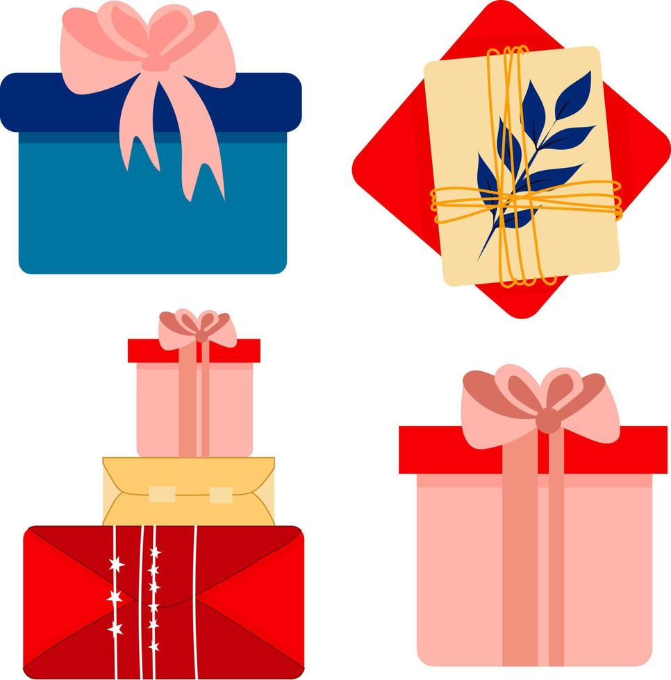 Conjunto de cajas de regalo, estilo doodle dibujados a mano. fiesta de cumpleaños. ilustración vectorial para tarjetas de felicitación, invitaciones, carteles. vector