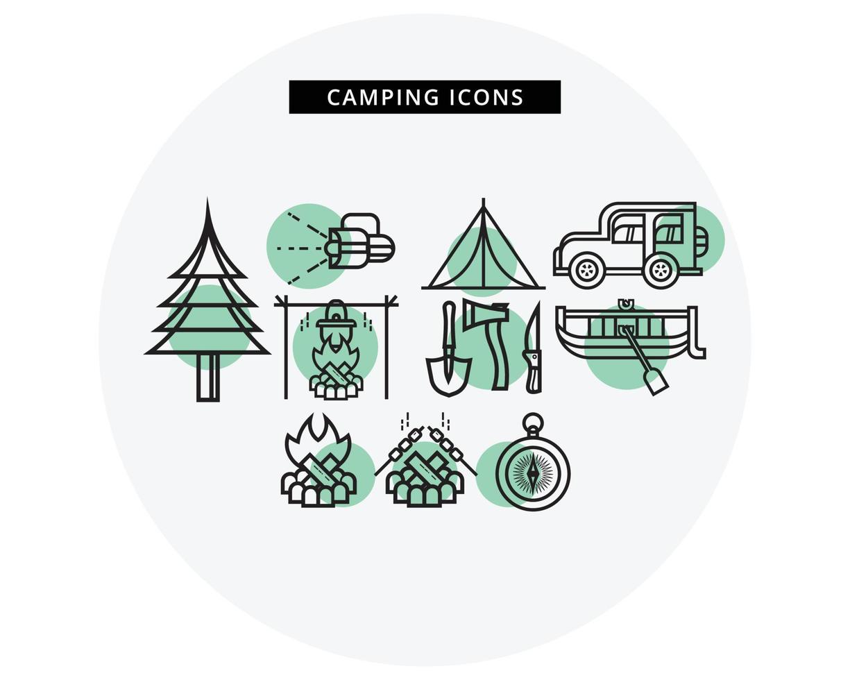 conjunto de iconos de camping, iconos de viaje de línea vector