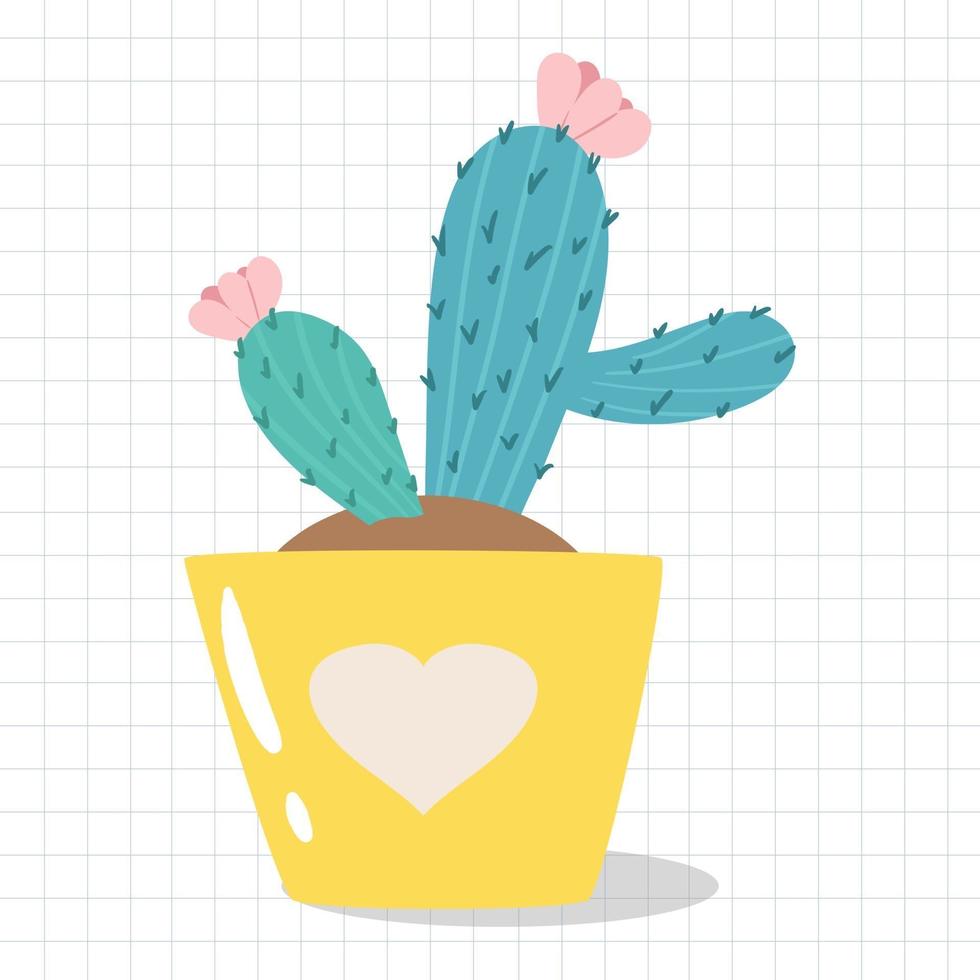 Cute hand-drawn cactus houseplant. Icon of cactus plant in pot with flower and spines. Home decoration. Vector illustration in Scandinavian minimalist style.