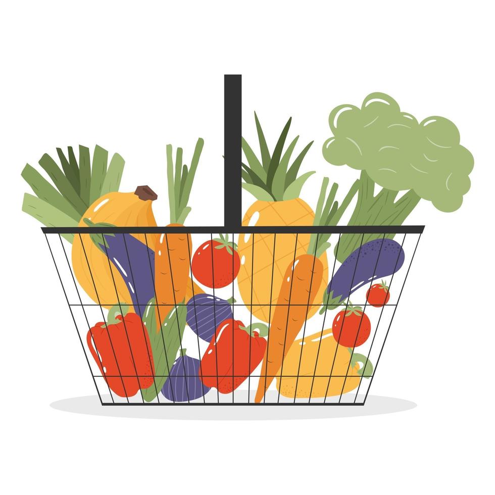 canasta de abarrotes con frutas y verduras frescas. vector