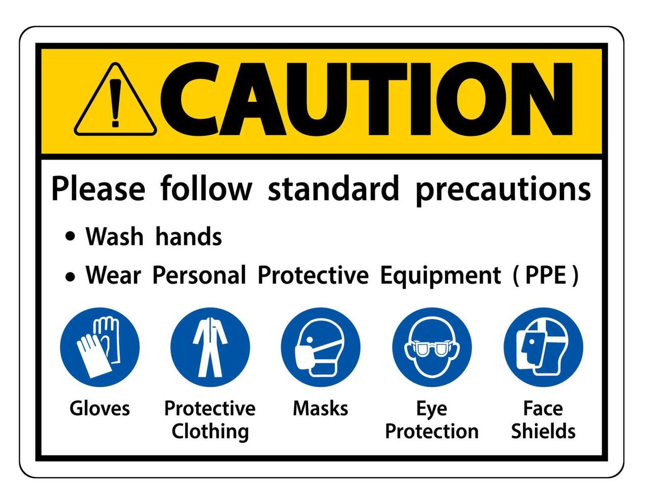 precaución, siga las precauciones estándar, lávese las manos, use equipo de protección personal, guantes, ropa protectora, máscaras, protección para los ojos, máscara facial vector