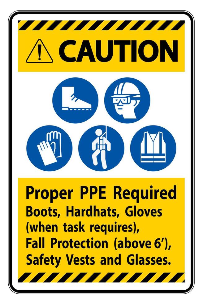 Caution Sign Proper PPE Required Boots, Hardhats, Gloves When Task Requires Fall Protection With PPE Symbols vector