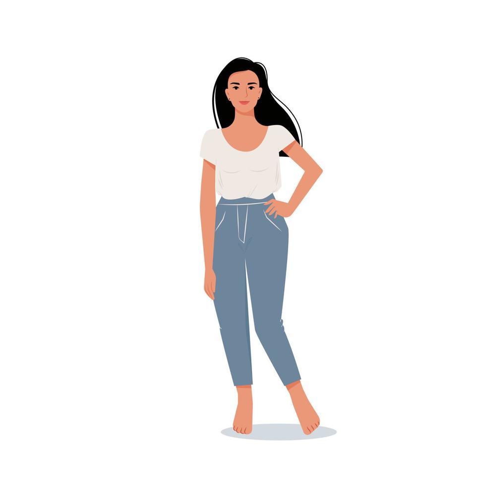mujer moderna con cabello largo oscuro en jeans y camiseta. vector personaje femenino en estilo plano