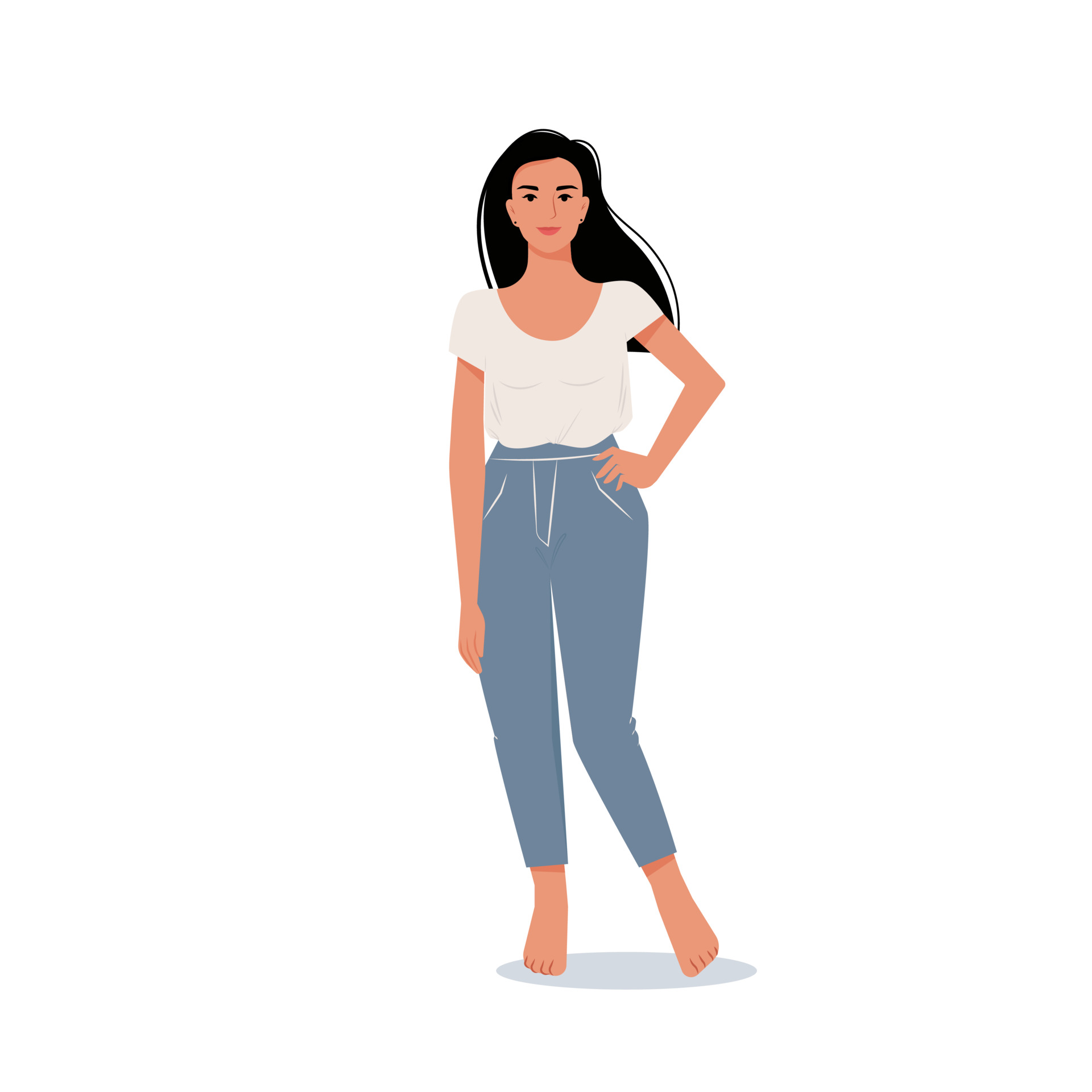 Modern woman with long dark hair in jeans and t-shirt. Vector female  character in flat style 3553121 Vector Art at Vecteezy