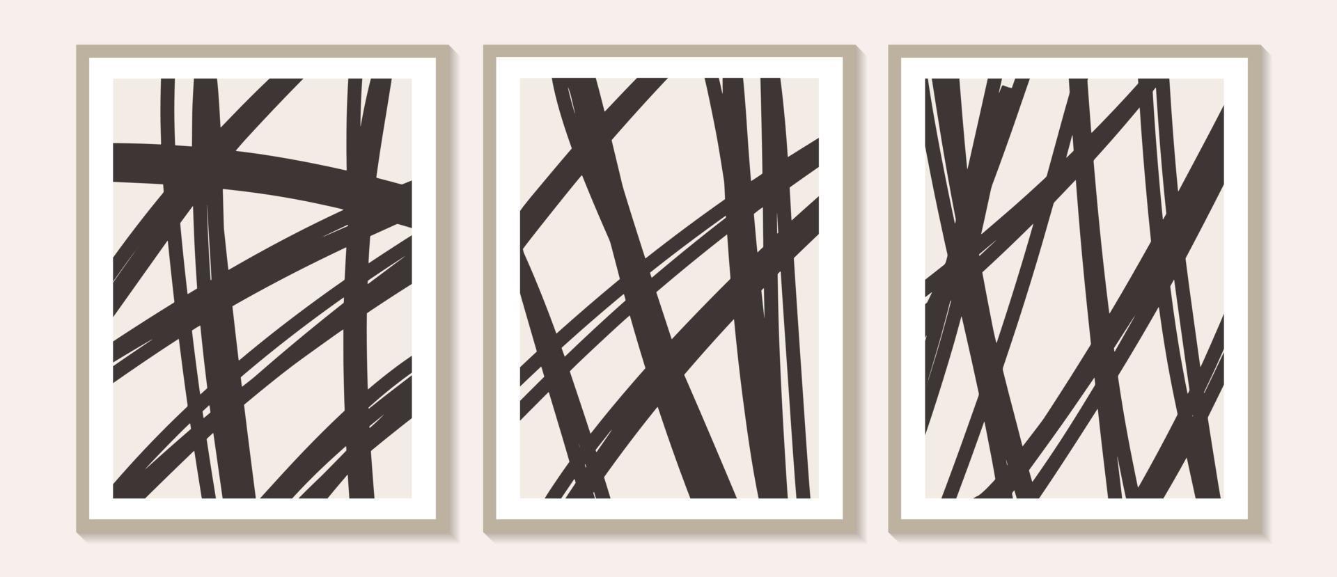 Póster contemporáneo con formas orgánicas de trazos de pincel abstracto y arte de pared de líneas en blanco y negro. plantillas de líneas de tinta pastel. Fondo boho en ilustración de vector de estilo minimalista de mediados de siglo