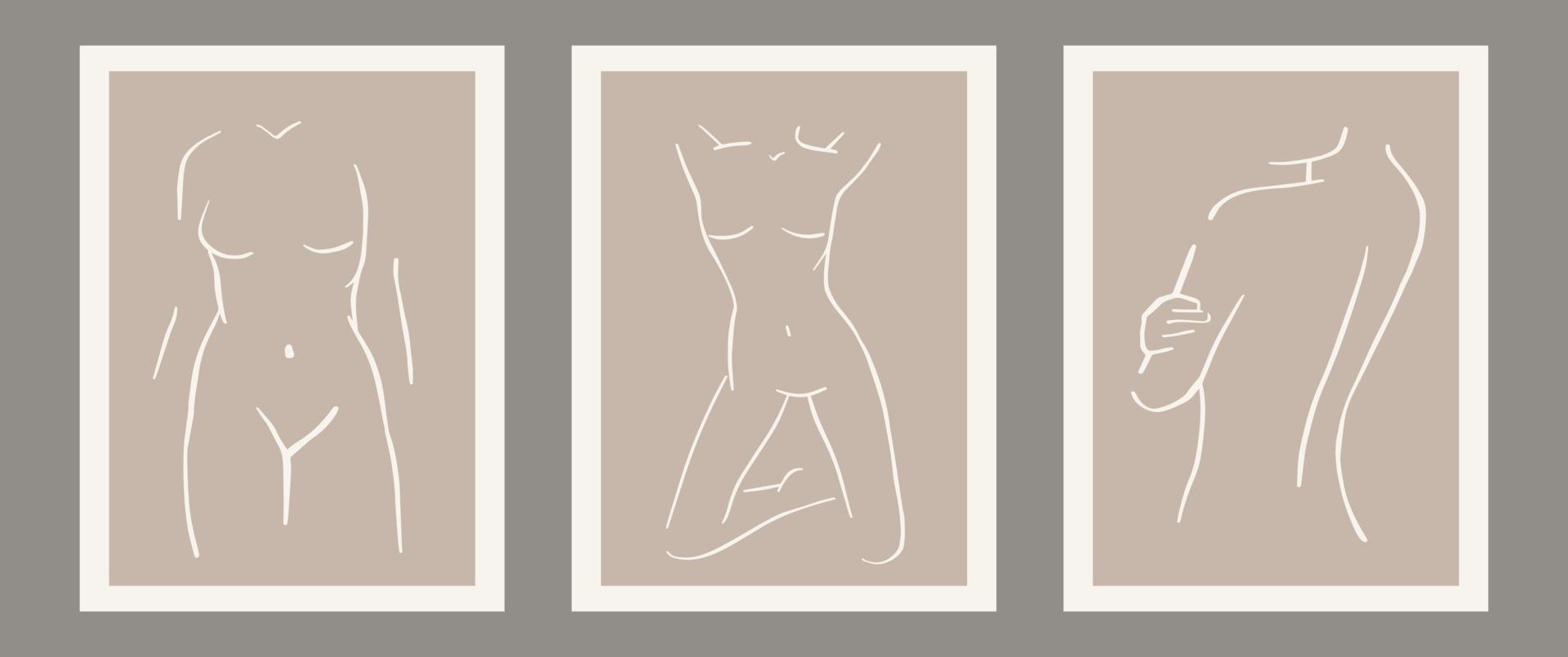 Conjunto contemporáneo de moda de composición de silueta de mujer pintada a mano artística minimalista geométrica abstracta matisse. Carteles vectoriales para decoración de paredes en estilo moderno de mediados de siglo. vector