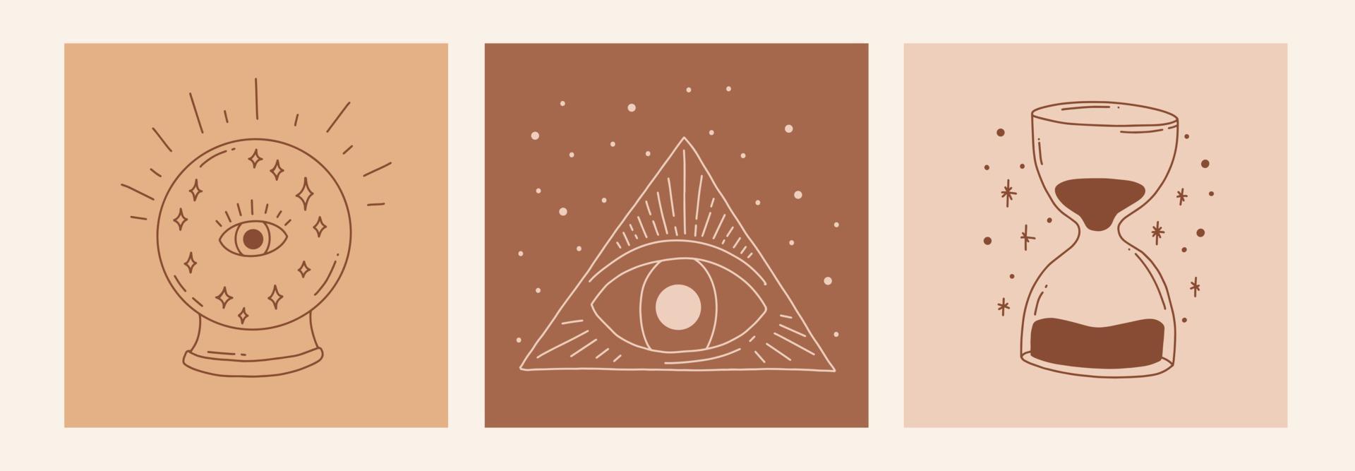 Boho mystic doodle esoteric set. Magic line art poster with fortune ball, hourglass, eye, triangle. Bohemian modern vector illustration