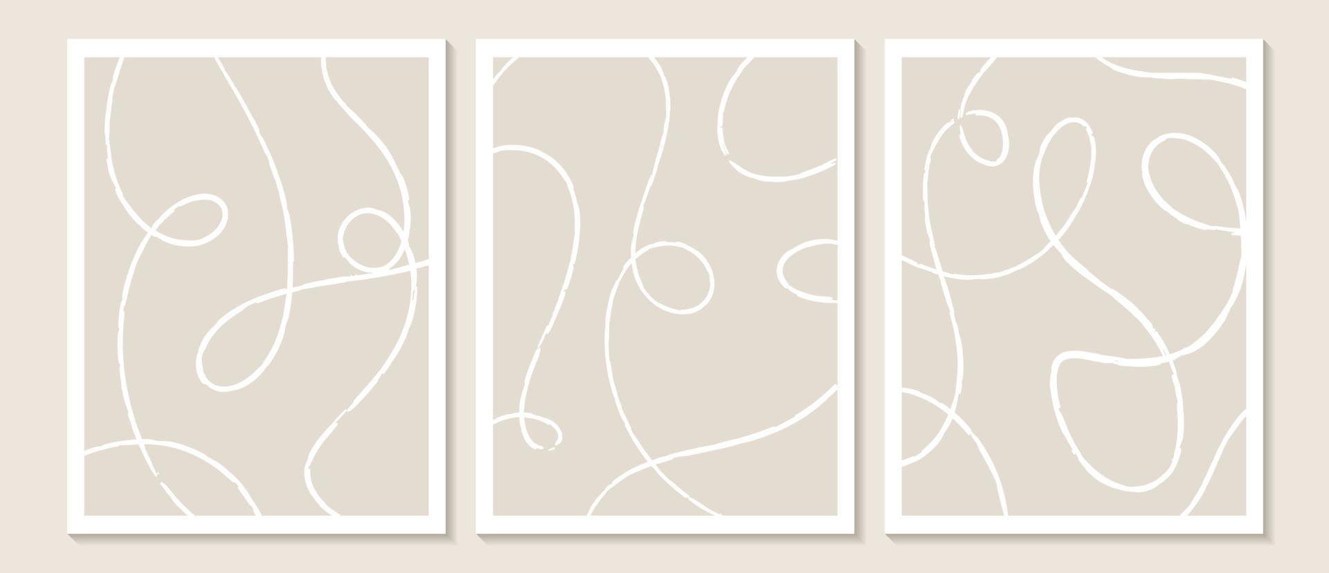 Trendy contemporary Abstract wall art, Set of 3 boho art prints, Minimal black shapes on beige. Creative Mid-century geometric minimalist artistic hand painted composition. vector
