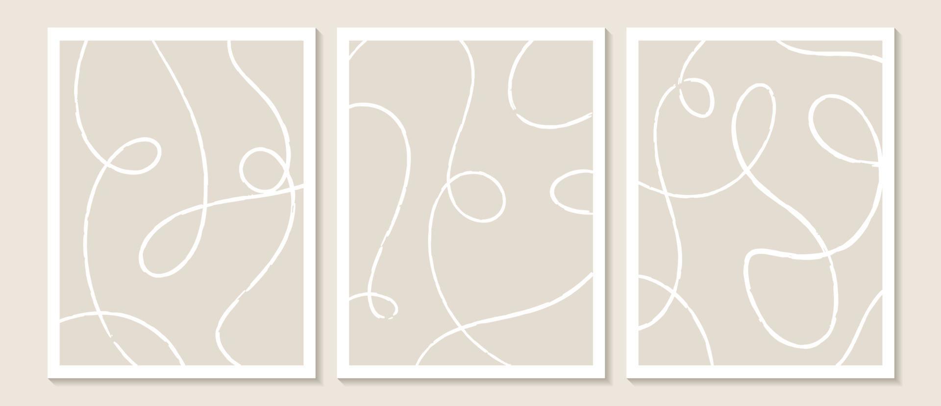 arte de pared abstracto contemporáneo de moda, juego de 3 impresiones de arte boho, formas negras mínimas sobre beige. Composición artística minimalista geométrica creativa de mediados de siglo pintada a mano. vector