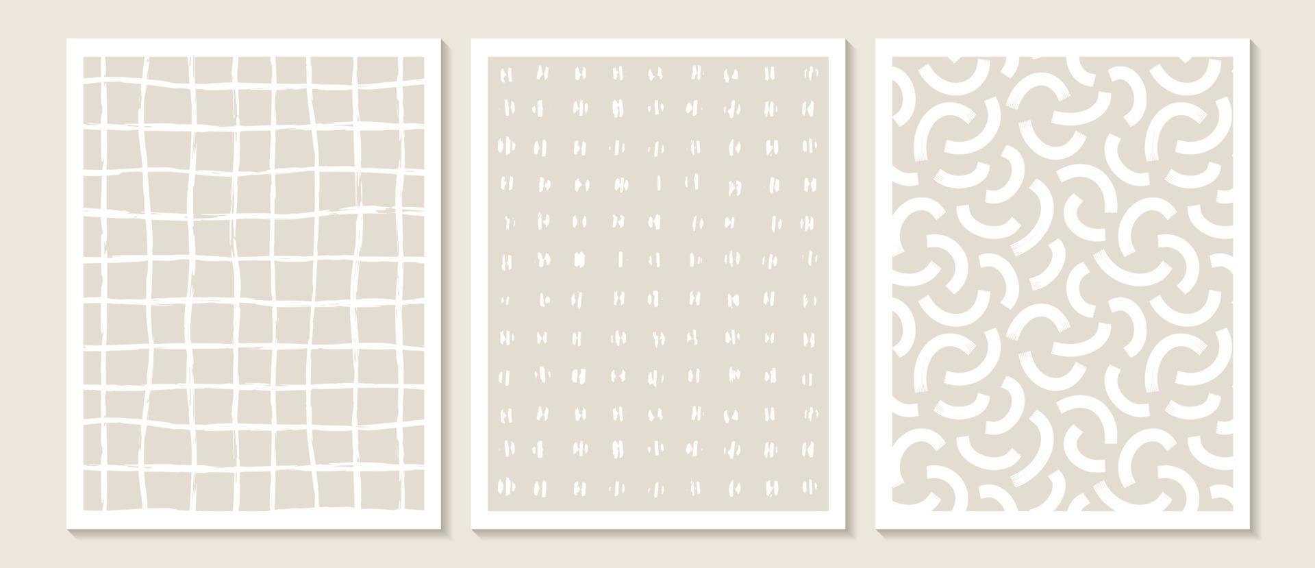Trendy contemporary Abstract wall art, Set of 3 boho art prints, Minimal black shapes on beige. Creative Mid-century geometric minimalist artistic hand painted composition. vector