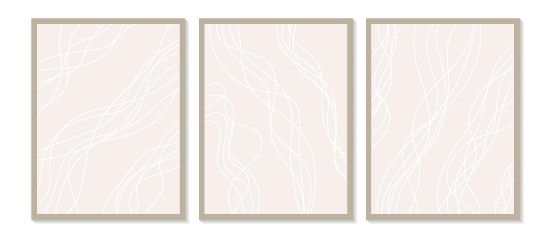 arte de pared abstracto contemporáneo de moda, juego de 3 impresiones de arte boho, formas negras mínimas sobre beige. Composición artística minimalista geométrica creativa de mediados de siglo pintada a mano. vector