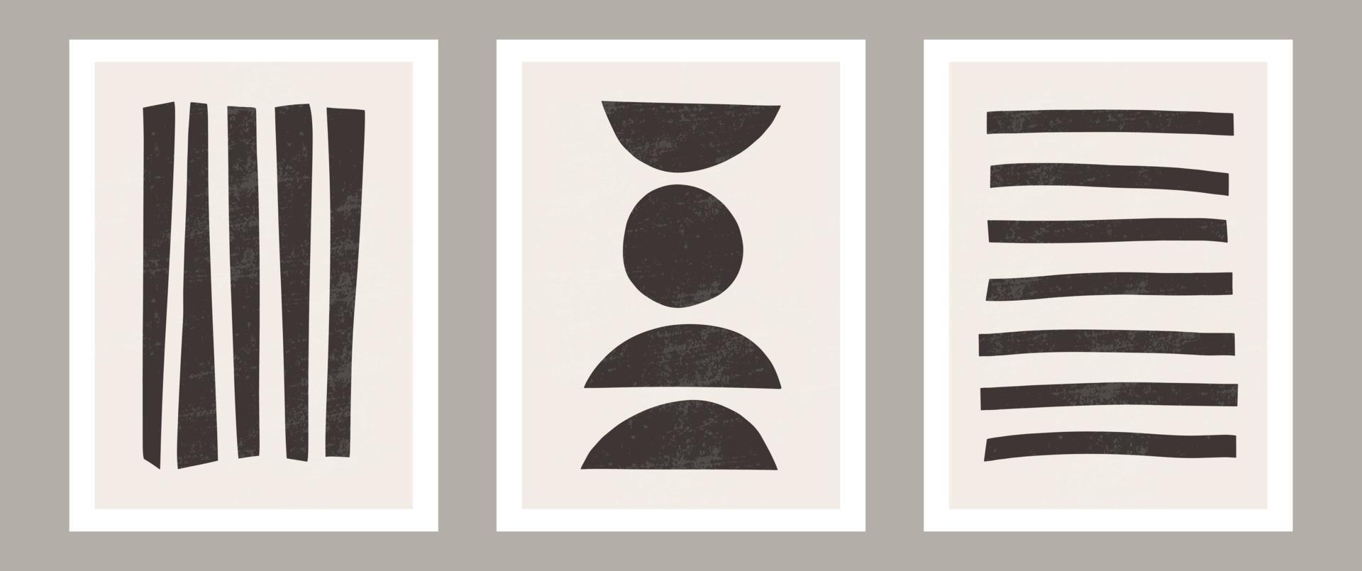 arte de pared abstracto contemporáneo de moda, juego de 3 impresiones de arte boho, formas negras mínimas sobre beige. Composición artística minimalista geométrica creativa de mediados de siglo pintada a mano. vector