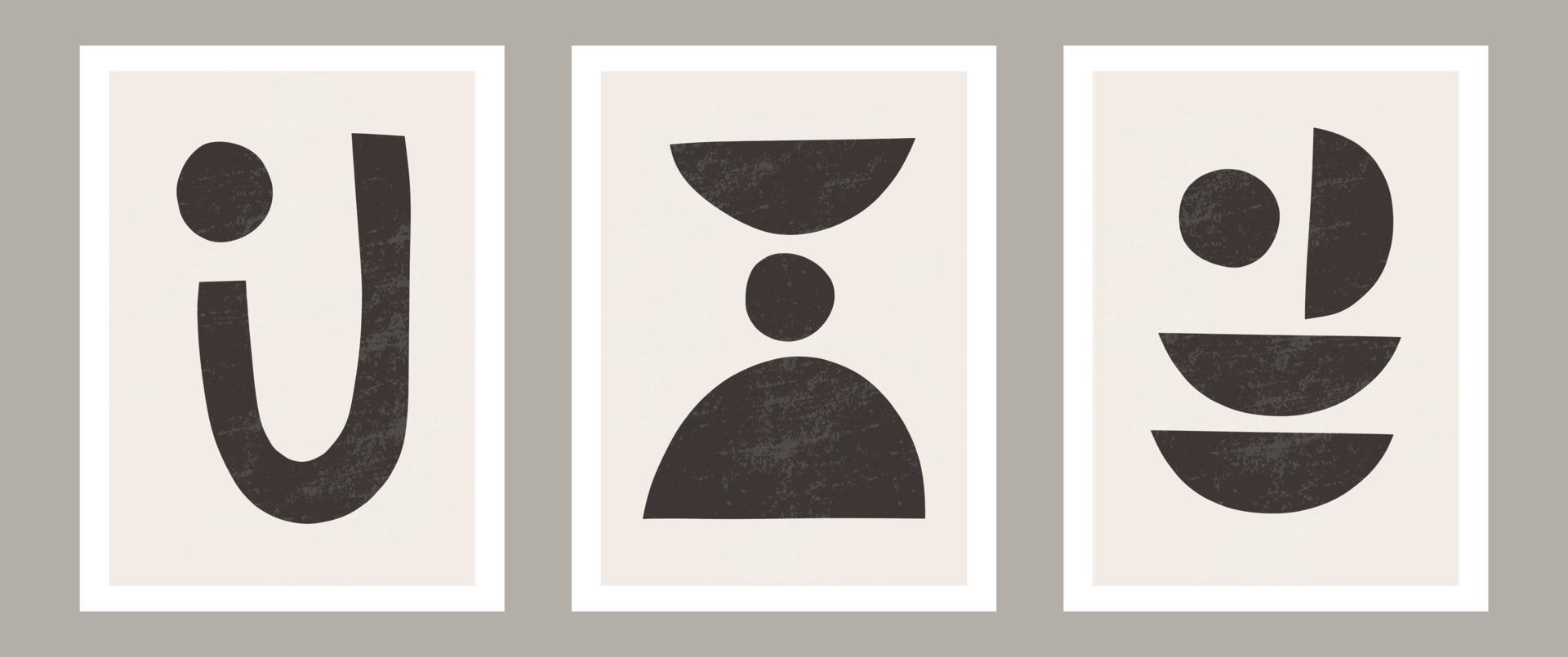 Trendy contemporary Abstract wall art, Set of 3 boho art prints, Minimal black shapes on beige. Creative Mid-century geometric minimalist artistic hand painted composition. Vector posters for wall art