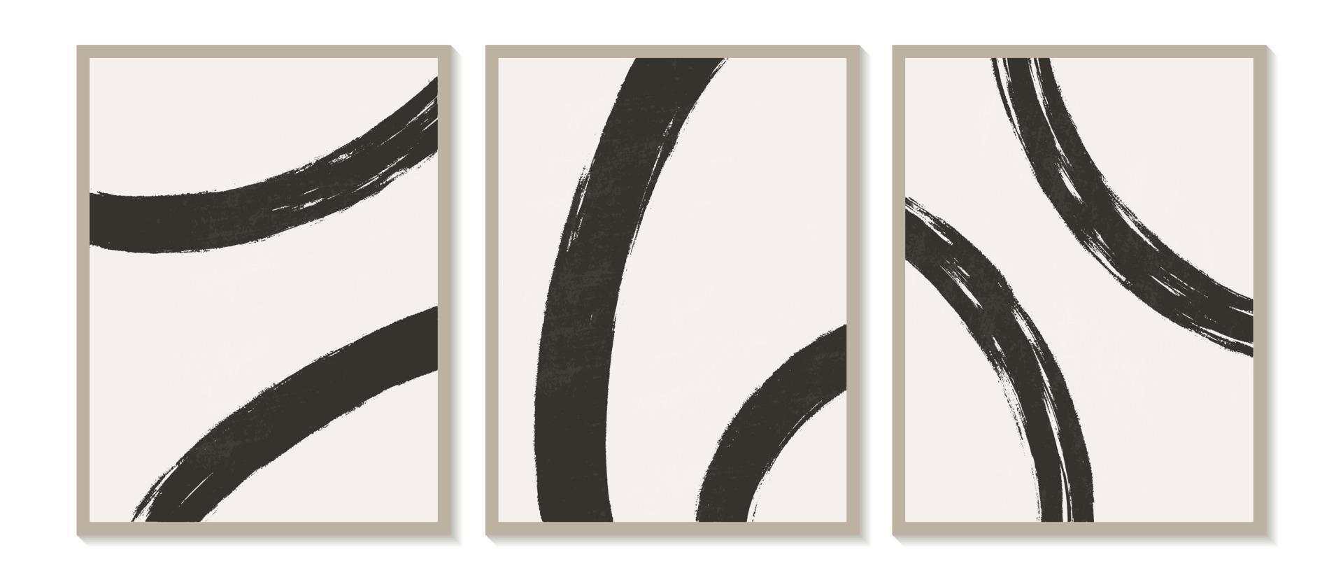 Trendy contemporary Abstract wall art, Set of 3 boho art prints, Minimal black shapes on beige. Creative Mid-century geometric minimalist artistic hand painted composition. vector