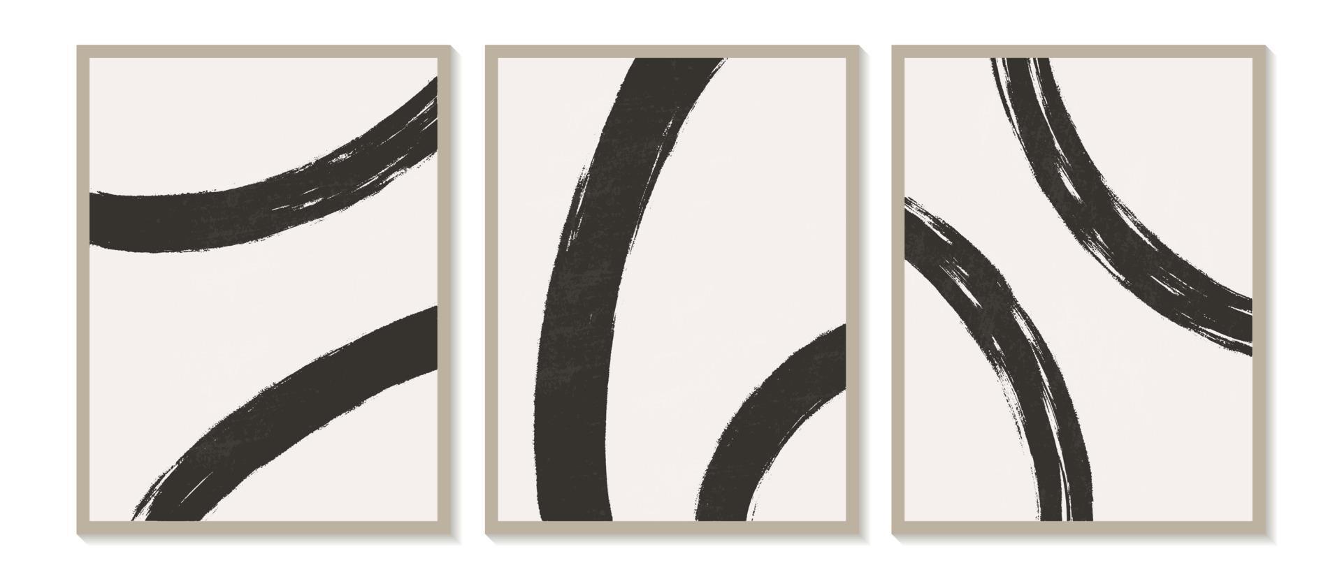 arte de pared abstracto contemporáneo de moda, juego de 3 impresiones de arte boho, formas negras mínimas sobre beige. Composición artística minimalista geométrica creativa de mediados de siglo pintada a mano. vector