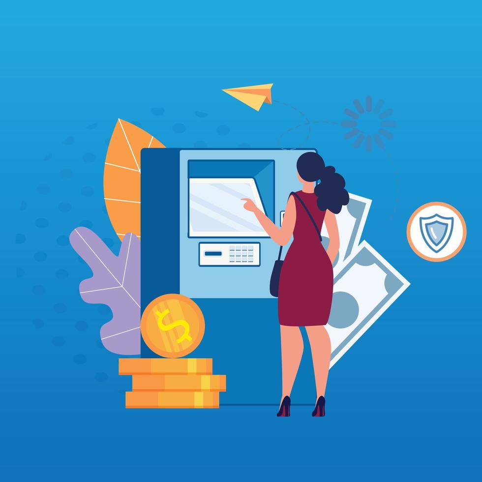 Cartoon positive people standing in queue at atm Pro Vector