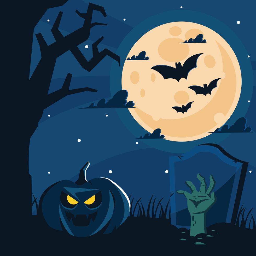 Happy Halloween graveyard background with zombie hand and pumpkin vector