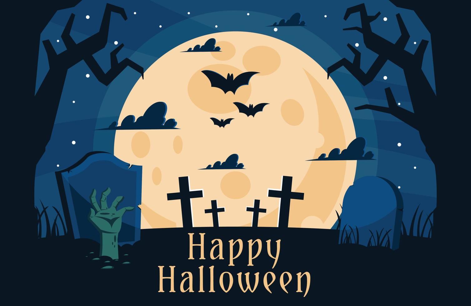 Happy Halloween graveyard background with zombie hand vector