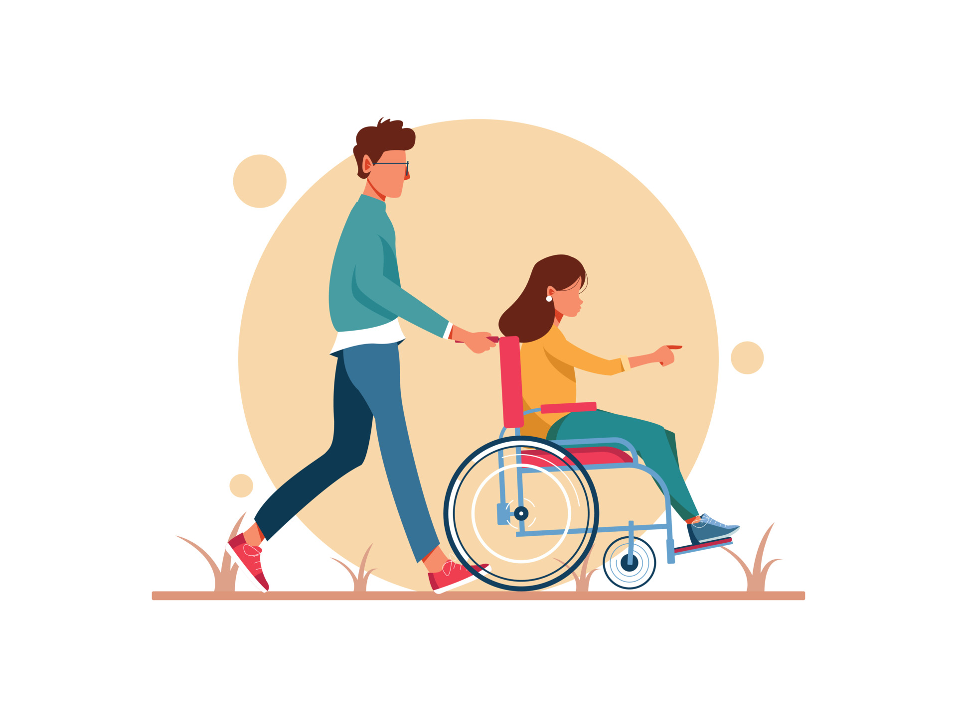 World disability day. Man and woman in wheelchair walking. Female